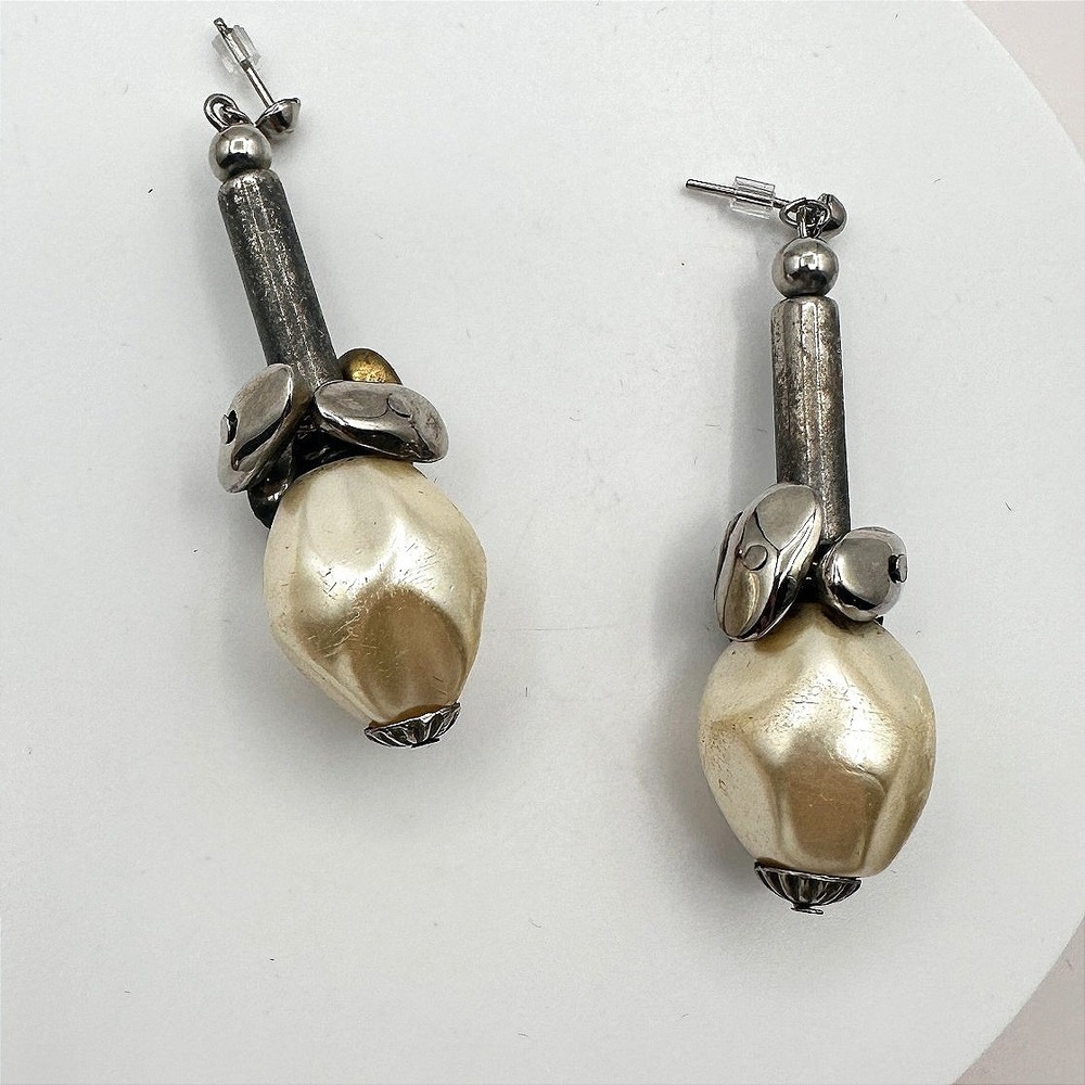 Vintage 90s Silver Tone Faux Pearl Bead Dangle Earrings Boho Modernist Jewelry